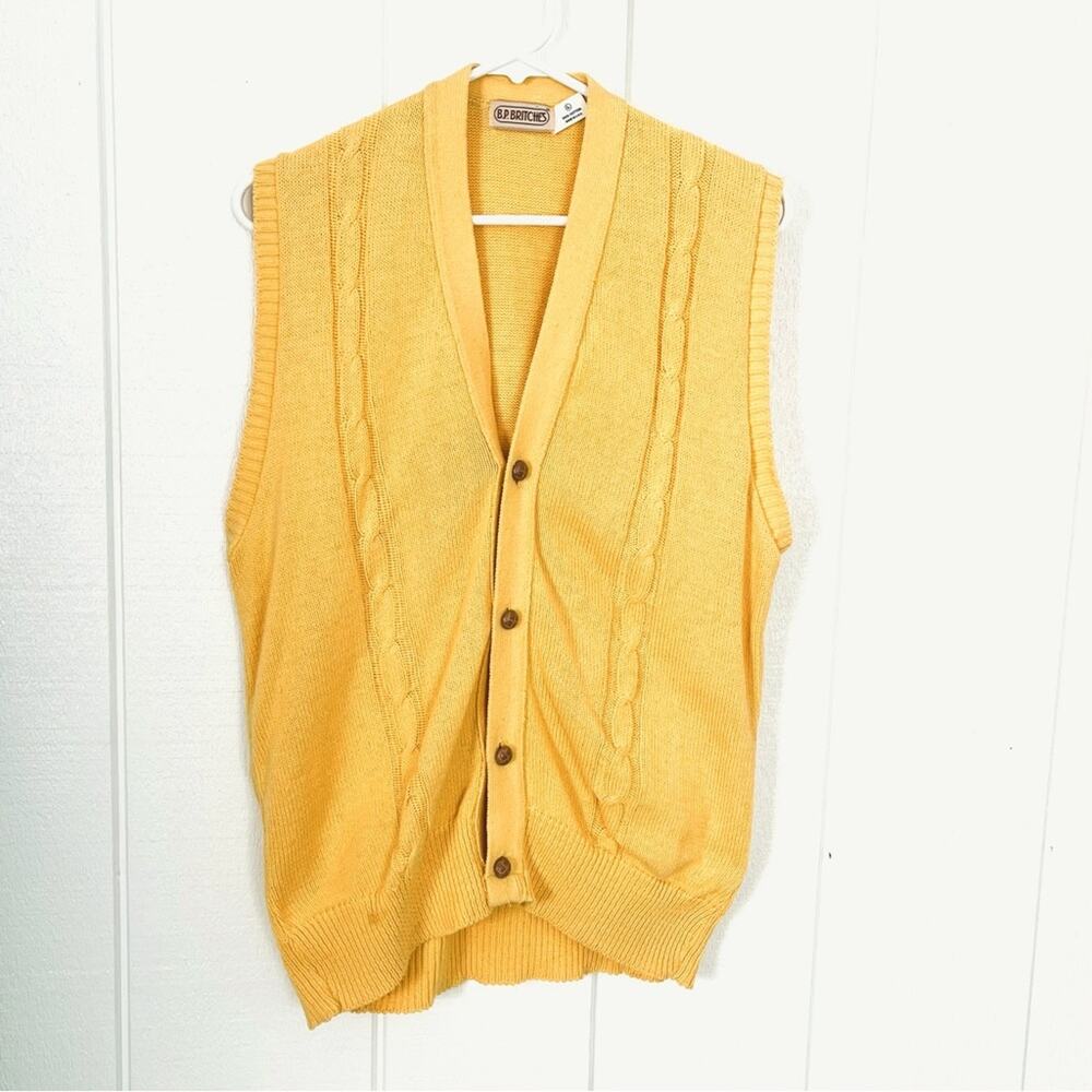 Vintage Yellow Cable Knit Sweater Vest Tan Leather Buttons Made in USA Large